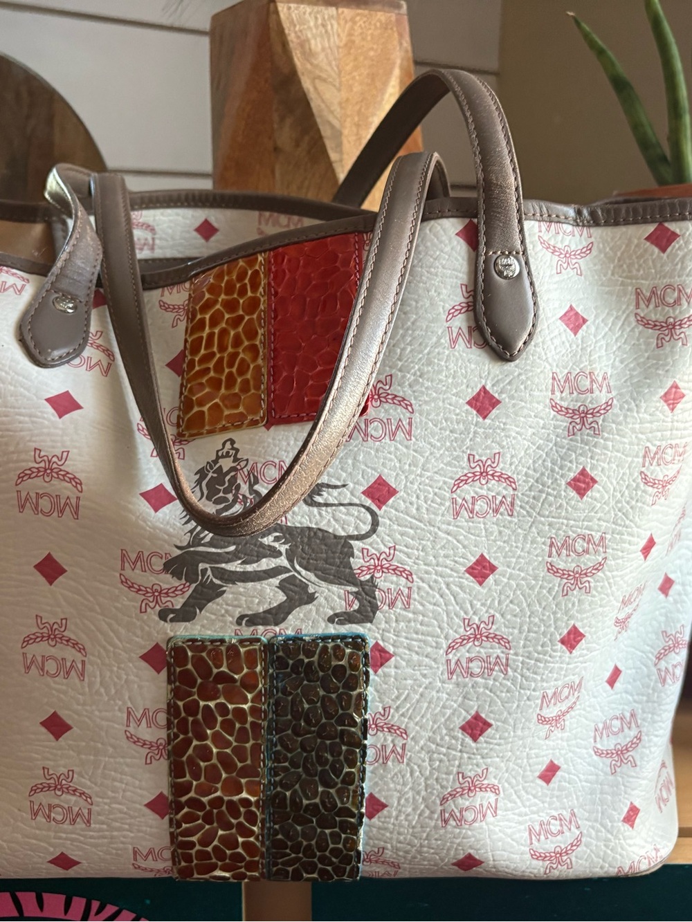 MCM White & Pink Logo Coated Canvas Tote with Brown Trim